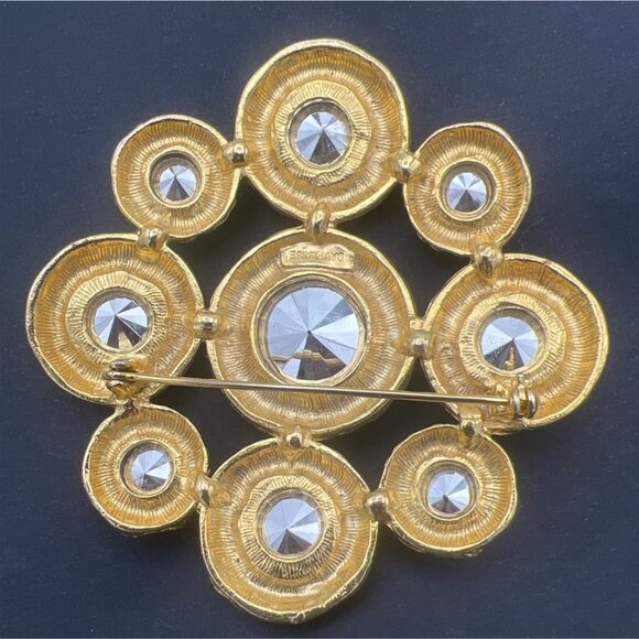 Vintage Dauplaise Brooch Royal Blue Aqua & Green Ravoli Rhinestones Cluster 3" - Picture 6 of 8